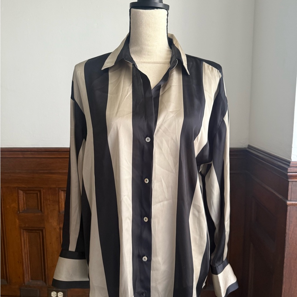 Black and gray Striped women’s button up blouses
